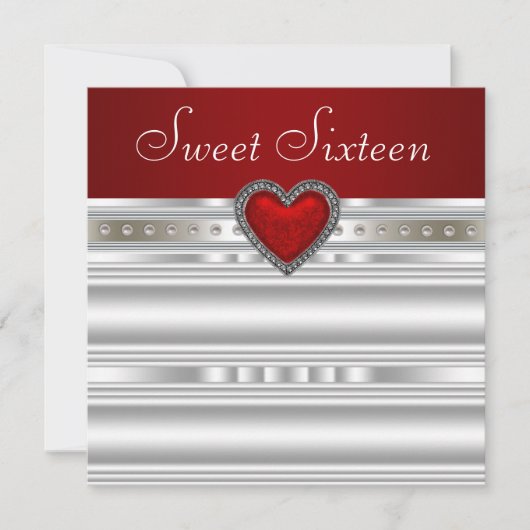 Invitation Perles Rouge Rubis Cœur Sweet Sixteen Anniversaire (Devant)