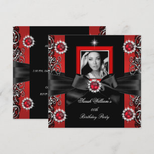 Invitation Perles Rouges Fête d'anniversaire Noir Argent Phot