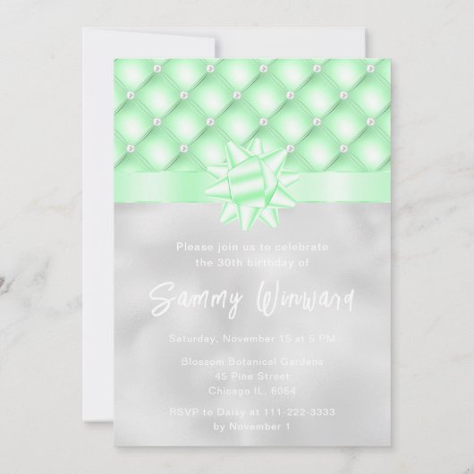 Invitation Perles touffues vertes et argentées fête d'anniver (Dos)