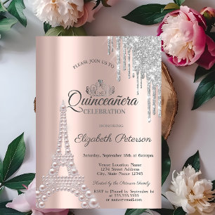 Invitation Perles, Tour Eiffel, Gouttes Rose Gold Quinceañera
