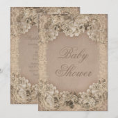 Invitation Perles vintages Roses et Baby shower dentelle (Devant / Derrière)