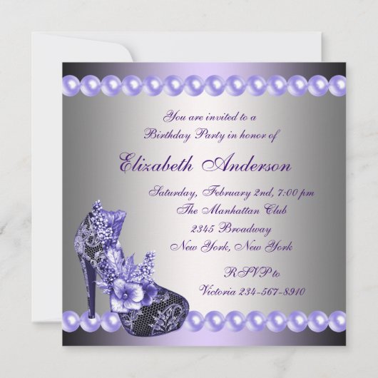 Invitation Perles violet talons hauts Chaussures fête d'anniv (Dos)
