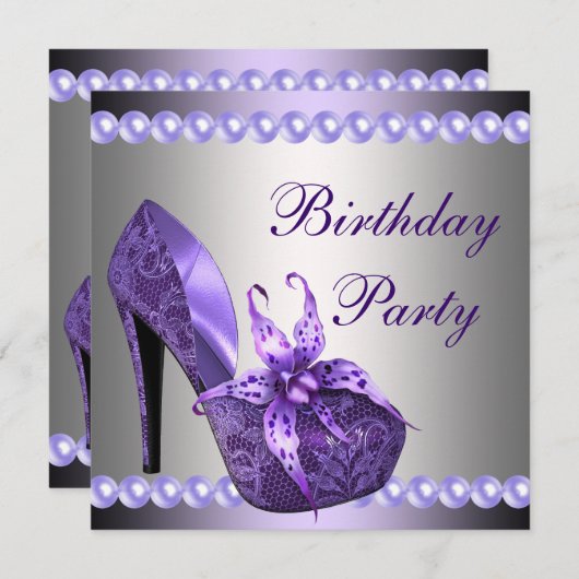 Invitation Perles violet talons hauts Chaussures fête d'anniv (Devant / Derrière)