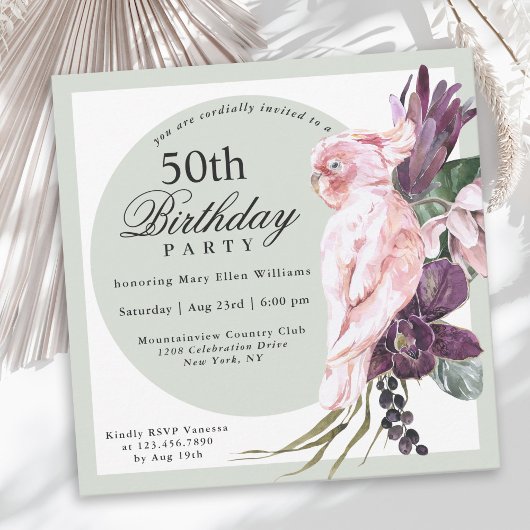 Invitation Perroquet rose tropical et floral de Sage 50e anni