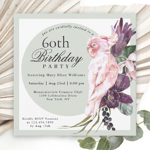 Invitation Perroquet rose tropical et floral Sage 60e anniver