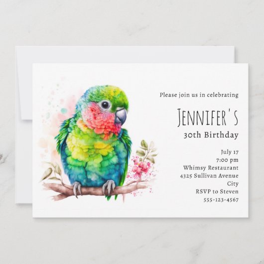 Invitation Perroquet Vert - Joyeux Anniversaire Bébé Oiseau (Devant)