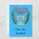 Invitation Persian Magen David Menorah<br><div class="desc">Cette image a été adaptée à partir d'un carrelage juif perse antique et présente une menorah avec un Magen David (Étoile de David) encadré de branches d'olivier. Les imperfections de l'image originale peinte à la main ont été conservées.</div>