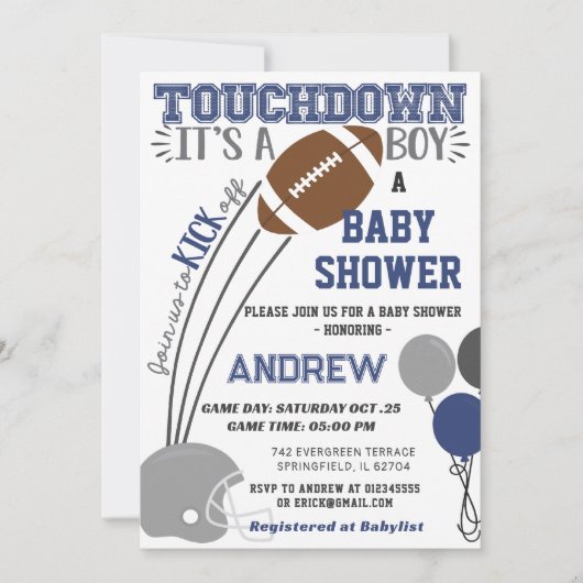 Invitation Persoanal Touchdown Baby shower de football bleu m (Devant)