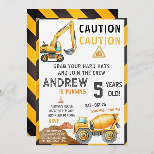 Invitation Personal A Contemporary Construction Birthday Bash (Devant / Derrière)