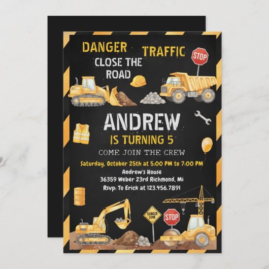 Invitation Personal A Modern Construction Birthday Party (Devant / Derrière)