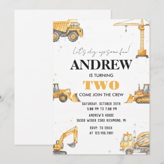 Invitation Personal A Modern Construction Boy Digger Birthday (Devant / Derrière)