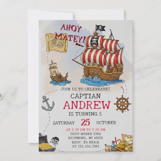 Invitation Personal Ahoy Mateys Pirate Ship Birthday Party (Devant)