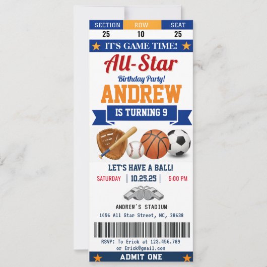 Invitation Personal All Star Sport Birthday Ticket for kid (Devant)