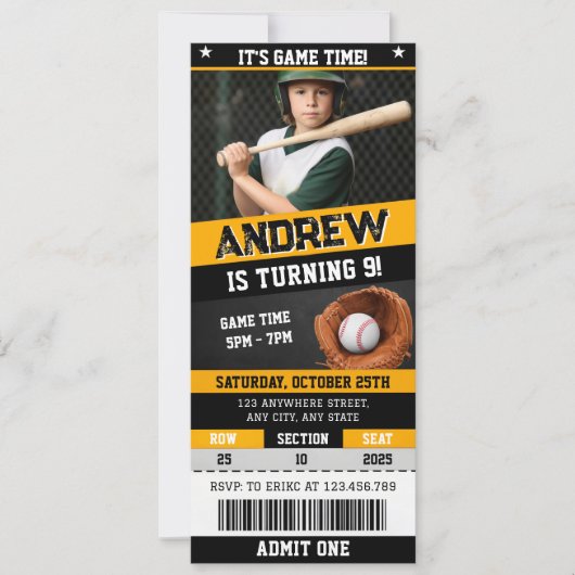 Invitation Personal Baseball Ticket Birthday With Photo (Devant)