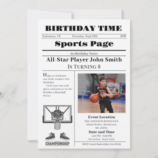 Invitation Personal Basketball Birthday with Photo (Devant)
