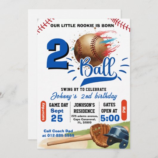 Invitation Personal Born Two Ball Birthday (Devant / Derrière)