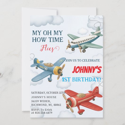 Invitation Personal Boy 1st Avion gosse Anniversaire (Devant)