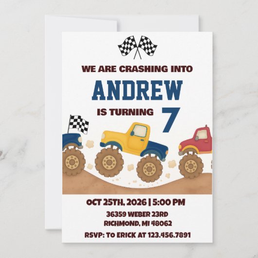 Invitation Personal Boy Monster Truck Birthday Party  (Devant)