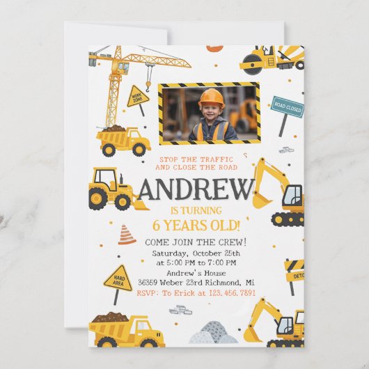 Invitation Personal Construction Birthday Party with Image (Devant)