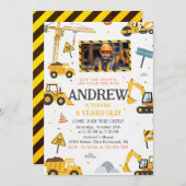 Invitation Personal Construction Birthday Party with Image (Devant / Derrière)