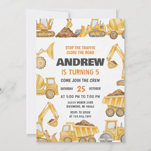 Invitation Personal Construction Boys Modern Birthday Party  (Devant)