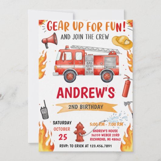 Invitation Personal FireFigher truck Birthday with image (Devant)