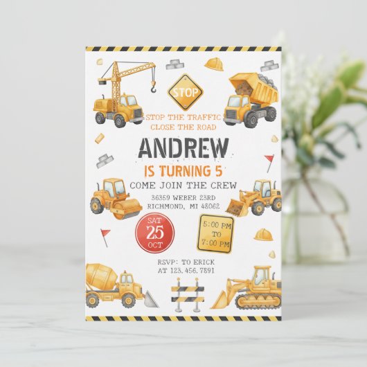 Invitation Personal Modern Construction Birthday Party (Debout devant)