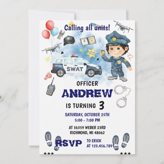 Invitation Personal Modern Police Officer birthday Party  (Devant)