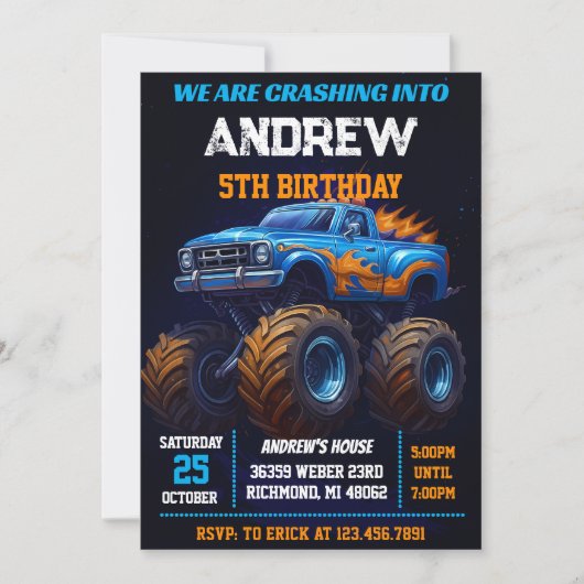 Invitation Personal Monster Truck Kids Party Birthday (Devant)