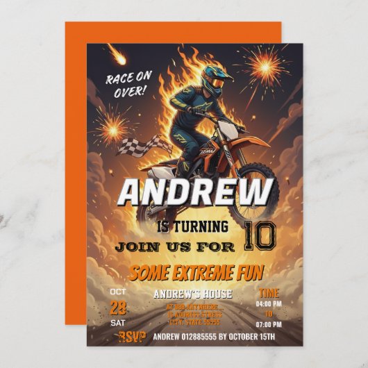 Invitation Personal Motocross Dirt Biker garçon Fête d'annive (Devant / Derrière)