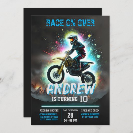 Invitation Personal Motocross Dirt Motorbike Boy Anniversaire (Devant / Derrière)