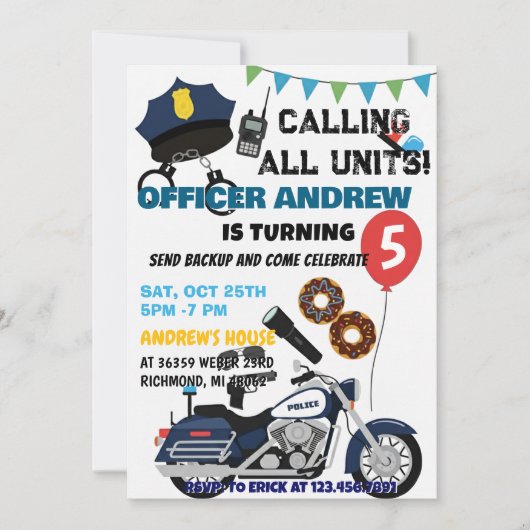 Invitation Personal Policeman Cop birthday Party for kid (Devant)