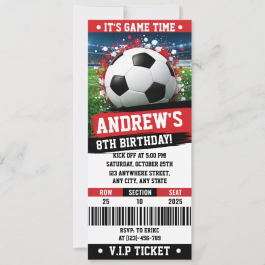 Invitation Personal Red theme Soccer Ticket Birthday (Devant)