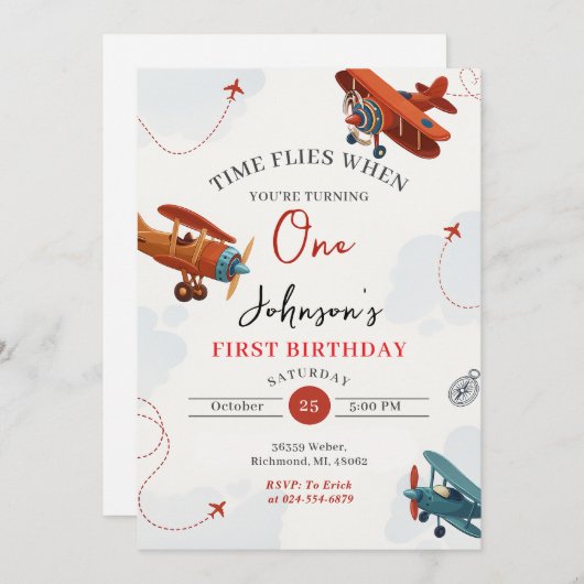 Invitation Personal Retro Avion première fête d'anniversaire (Devant / Derrière)