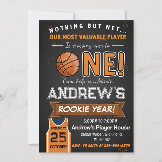 Invitation Personal Rookie Year First Birthday Basketball (Devant)