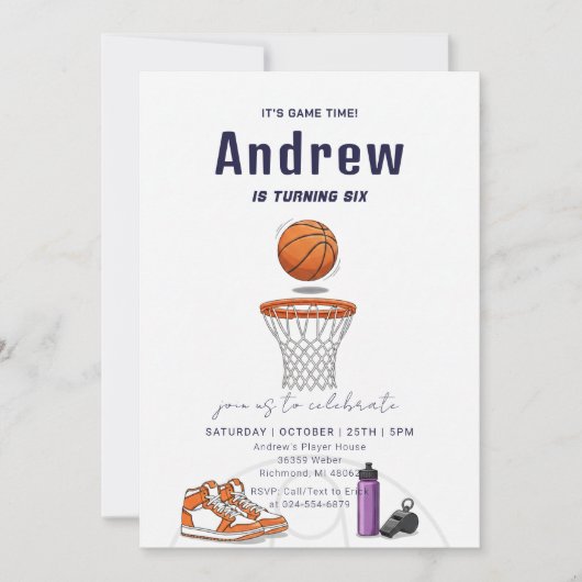 Invitation Personal Simple Basketball Birthday party (Devant)