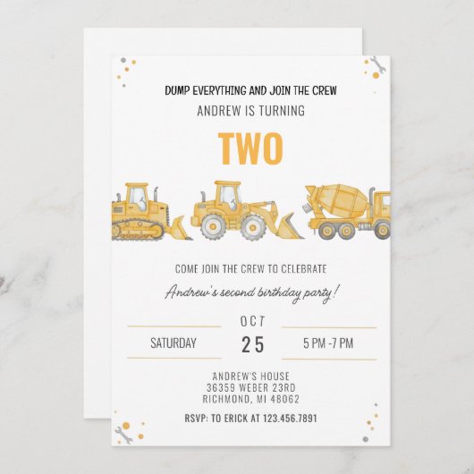 Invitation Personal Simple Construction Birthday Party Invita (Devant / Derrière)