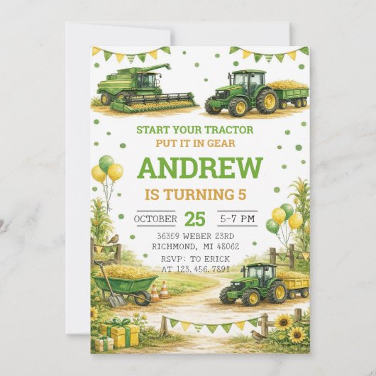 Invitation Personal Tractor Birthday (Devant)