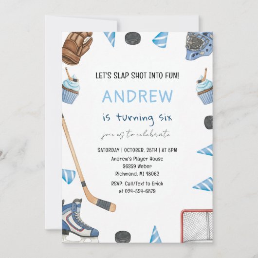 Invitation Personal Watercolor Hockey Birthday Party (Devant)