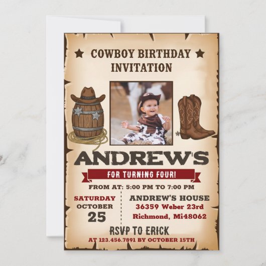 Invitation Personal Western Wild West Cowboy Birthday Party (Devant)