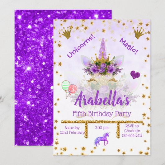 Invitation Personalisé Purple, Or Stars Unicorn Anniversaire (Devant / Derrière)