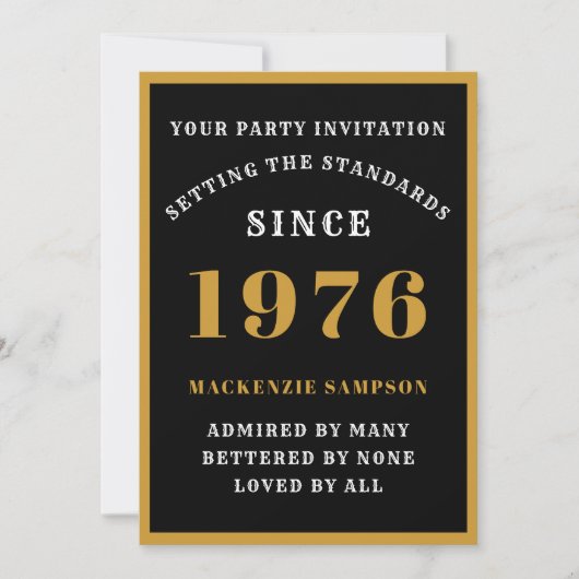 Invitation Personalized 50th Birthday 1976 Elegant Black Gold (Devant)