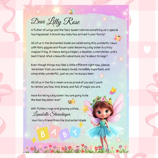 Invitation Personalized Big Sister Fairy Letter – New Baby 
