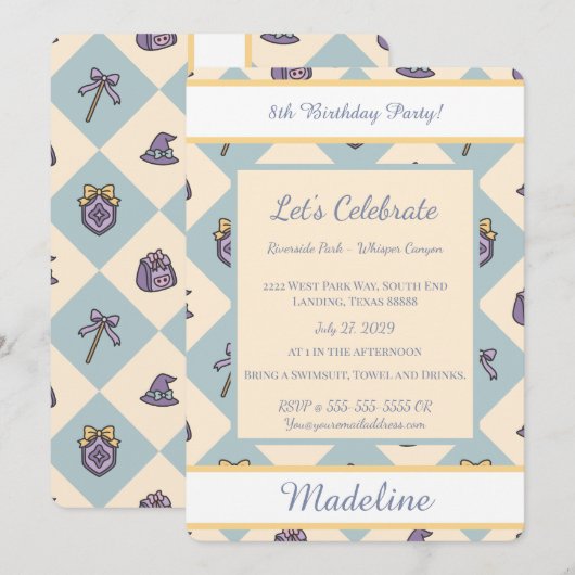 Invitation Personalized Birthday Academy Wizard School Blue (Devant / Derrière)