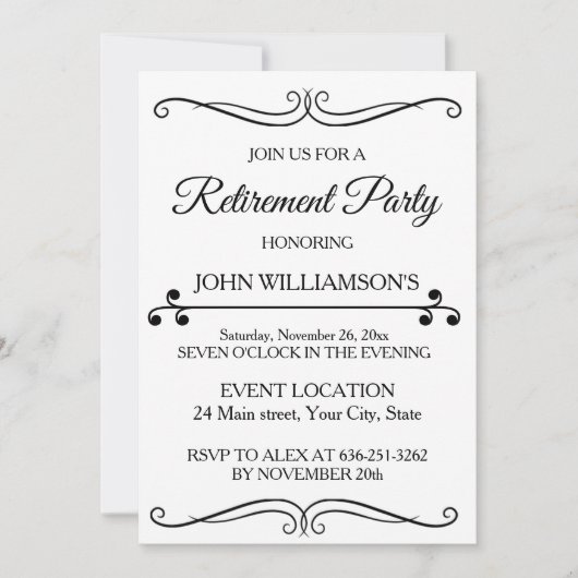 Invitation Personalized black elegant retirement party (Devant)