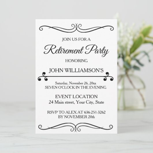 Invitation Personalized black elegant retirement party (Debout devant)
