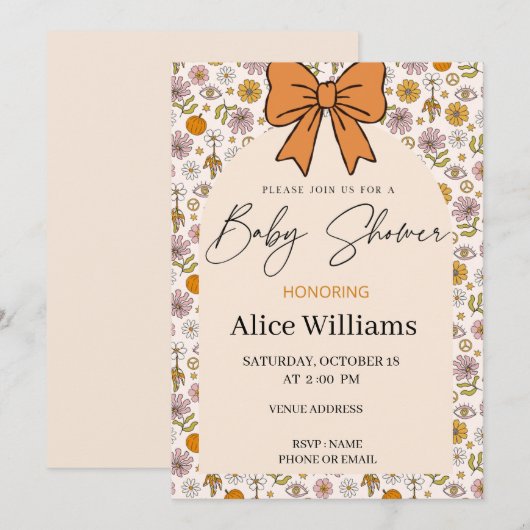 Invitation Personalized Boho Floral Bow Baby Shower Invite (Devant / Derrière)