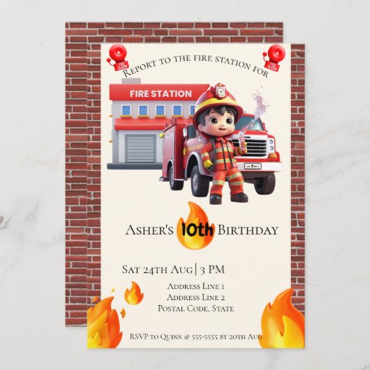 Invitation Personalized Cute 3D Fire Fighter Boy Birthday  (Devant / Derrière)