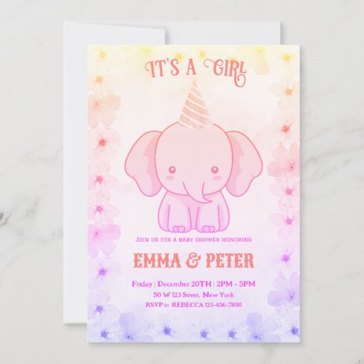 Invitation Personalized Cute Elephant Pink Baby Shower (Devant)