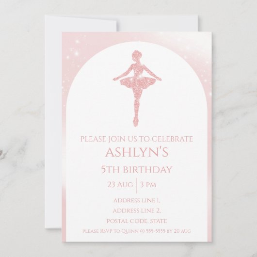 Invitation Personalized Elegant Pink Glitter Ballet Birthday (Devant)